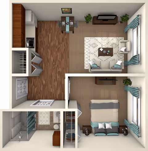 Top-down view of a one-bedroom apartment floor plan featuring a kitchen with wooden flooring, a dining area with a small table and two chairs, a living room with a sofa, armchair, coffee table, TV, and plants, a bedroom with a bed, nightstands, and windows with curtains, and a bathroom with a shower, toilet, and sink.