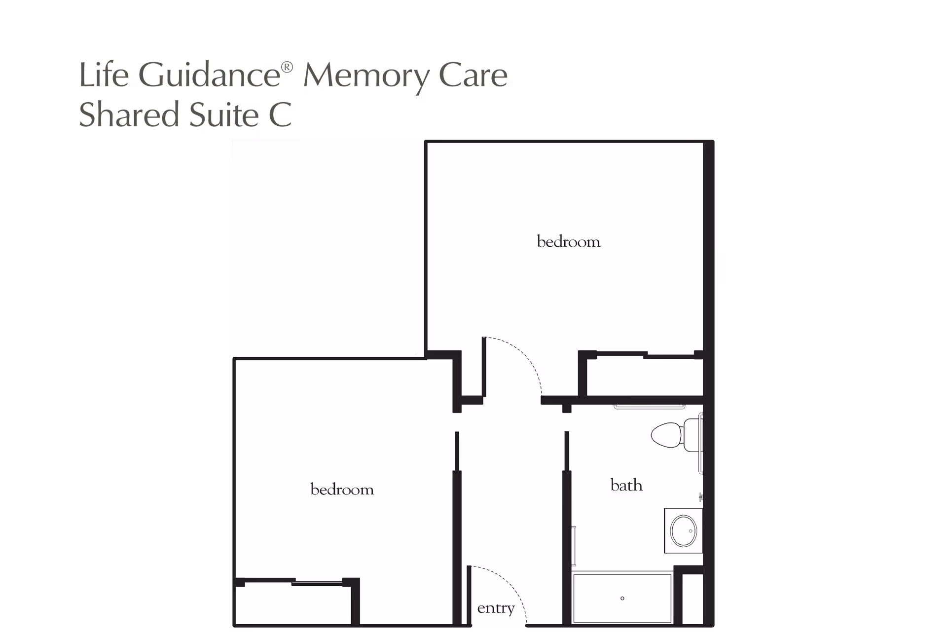 Floor plan layout of Life Guidance Memory Care Shared Suite C at Atria Hillcrest, showing two bedrooms, one bathroom, and an entry area.