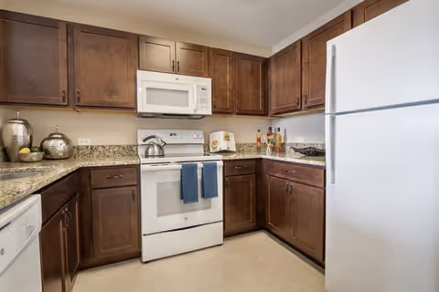 A modern kitchen with dark wooden cabinets, granite countertops, a white stove with a microwave above it, a white refrigerator, and a dishwasher. There are two blue towels hanging on the stove handle, a kettle on the stove, and decorative items on the countertops.