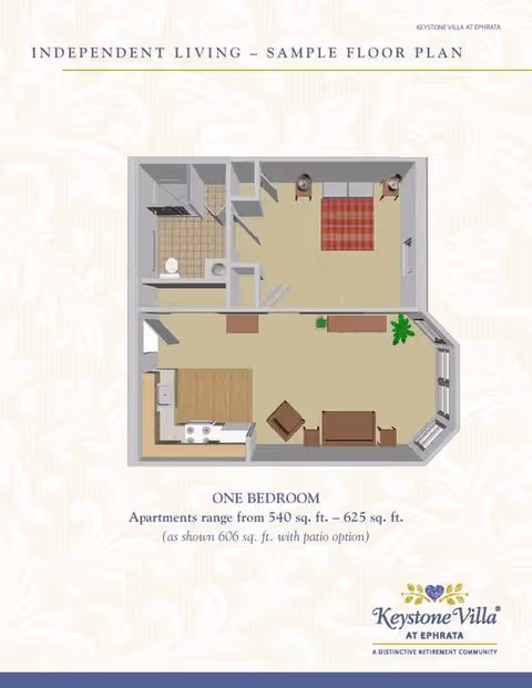 A sample floor plan for independent living at Keystone Villa at Ephrata showing a one-bedroom apartment layout with a kitchen, living room, bedroom, and bathroom. The apartment size ranges from 540 to 625 square feet, with the shown layout being 606 square feet including a patio option.