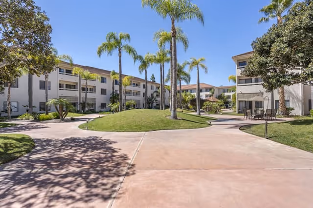 Outdoor courtyard area of a senior living facility with palm trees, green grass, paved walkways, and multi-story buildings surrounding the space under a clear blue sky.