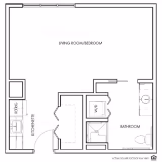 Architectural floor plan showing a living room/bedroom area, kitchenette with refrigerator, bathroom with toilet and sink, and a washer/dryer area.
