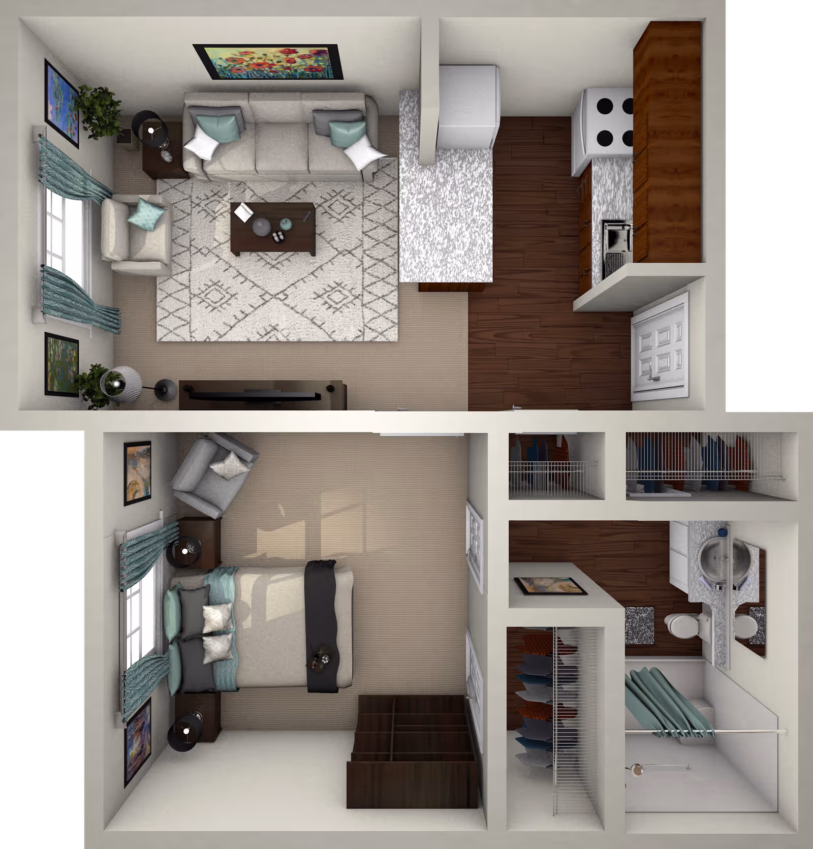 Top-down view of a senior living apartment floor plan showing a living room with a sofa, armchair, coffee table, and TV; a kitchen with appliances and countertops; a bedroom with a bed, armchair, nightstands, and dresser; two closets; and a bathroom with a sink, toilet, and shower.