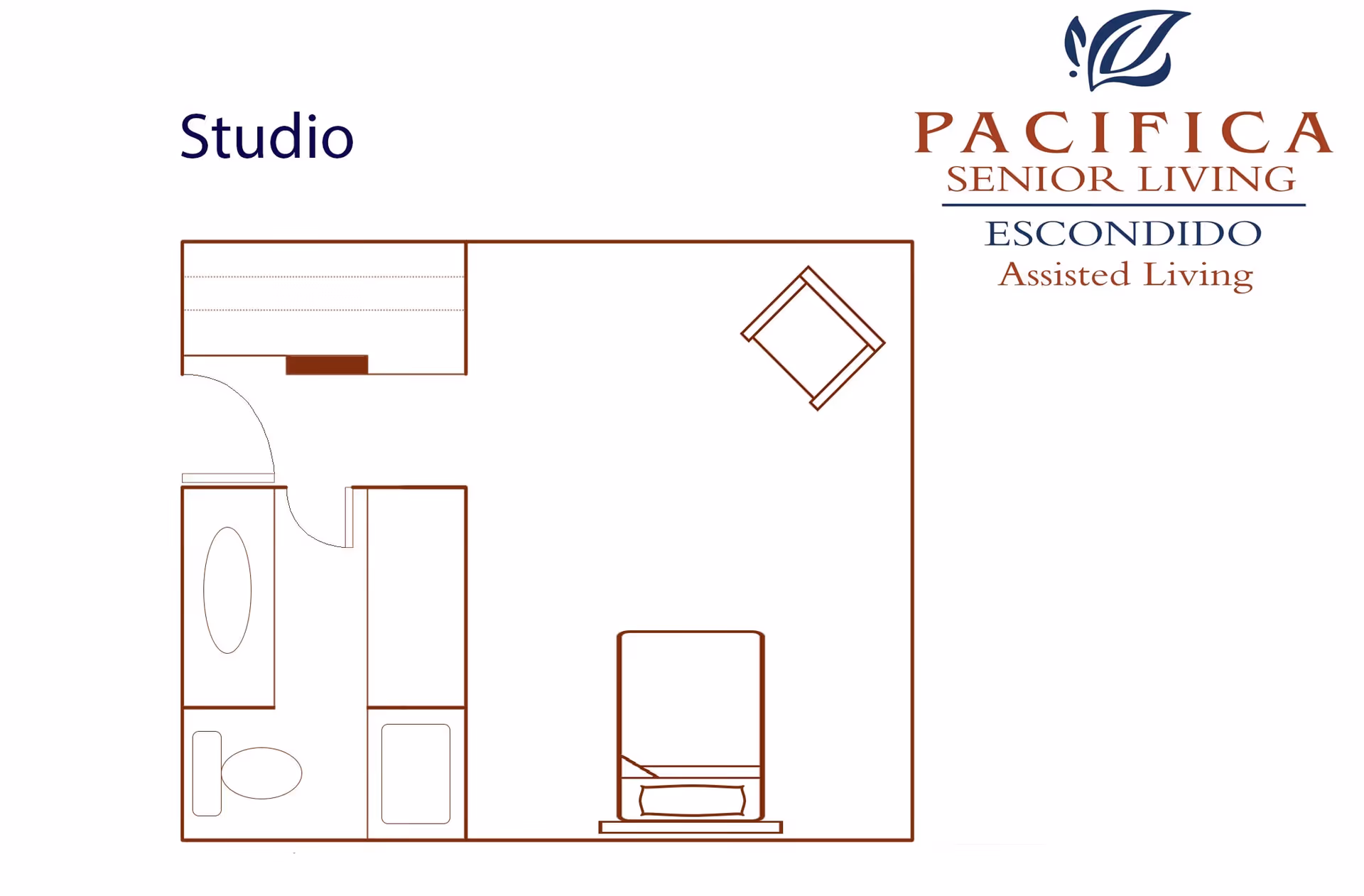 Floor plan layout of a studio apartment at Pacifica Senior Living Escondido Assisted Living, showing a combined living and sleeping area with a bed and chair, a bathroom with a toilet and bathtub, and a small kitchen area.
