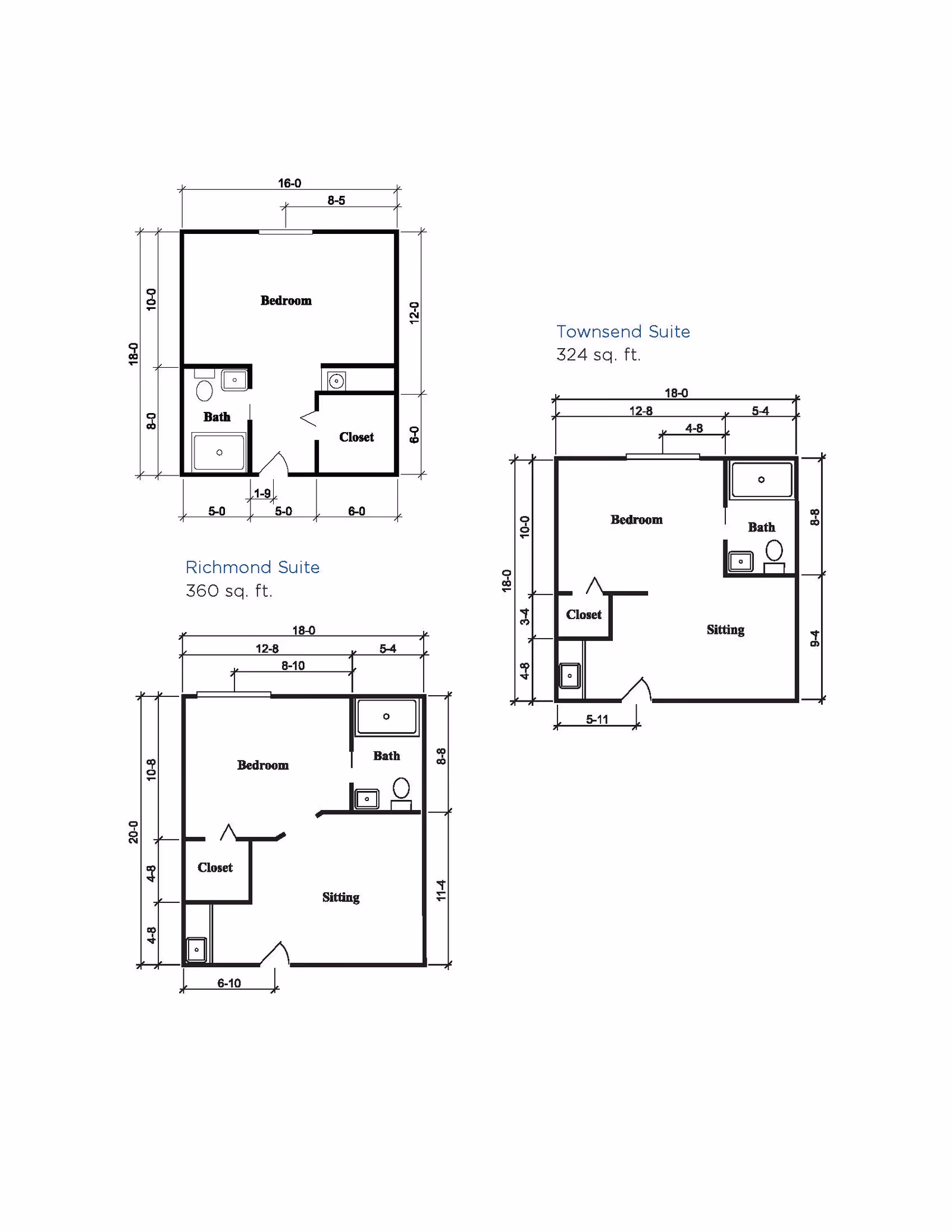 Architectural floor plans for three different suites at Brookdale Buck Creek: Richmond Suite (360 sq. ft.), Townsend Suite (324 sq. ft.), and a third unnamed suite. Each plan shows the layout including bedroom, bath, closet, and sitting areas with dimensions in feet and inches.