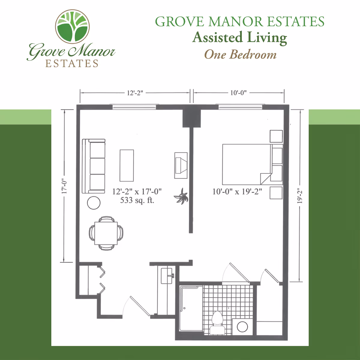 Floor plan of a one-bedroom assisted living unit at Grove Manor Estates showing a living room with sofa, coffee table, dining table, and kitchen area; a bedroom with a bed and nightstands; and a bathroom with a bathtub, toilet, and sink.