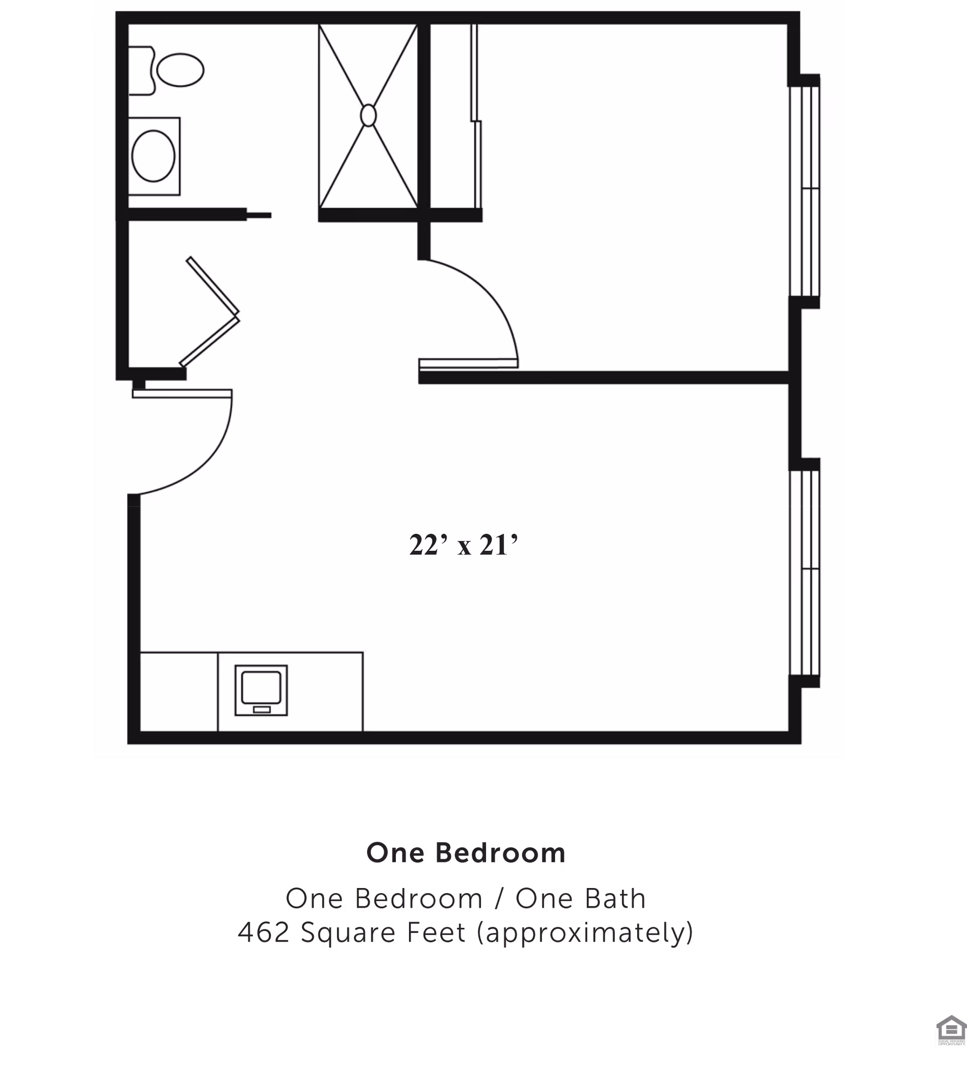 Floor plan of a one-bedroom, one-bath apartment at Chisholm Court, approximately 462 square feet. The layout includes a combined living and dining area measuring 22 by 21 feet, a bathroom with a toilet and sink, a shower, and a small kitchen area.