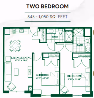 Floor plan of a two-bedroom apartment with 845 to 1,050 square feet. The layout includes a combined living and dining area, a kitchen, two bedrooms, and two bathrooms.