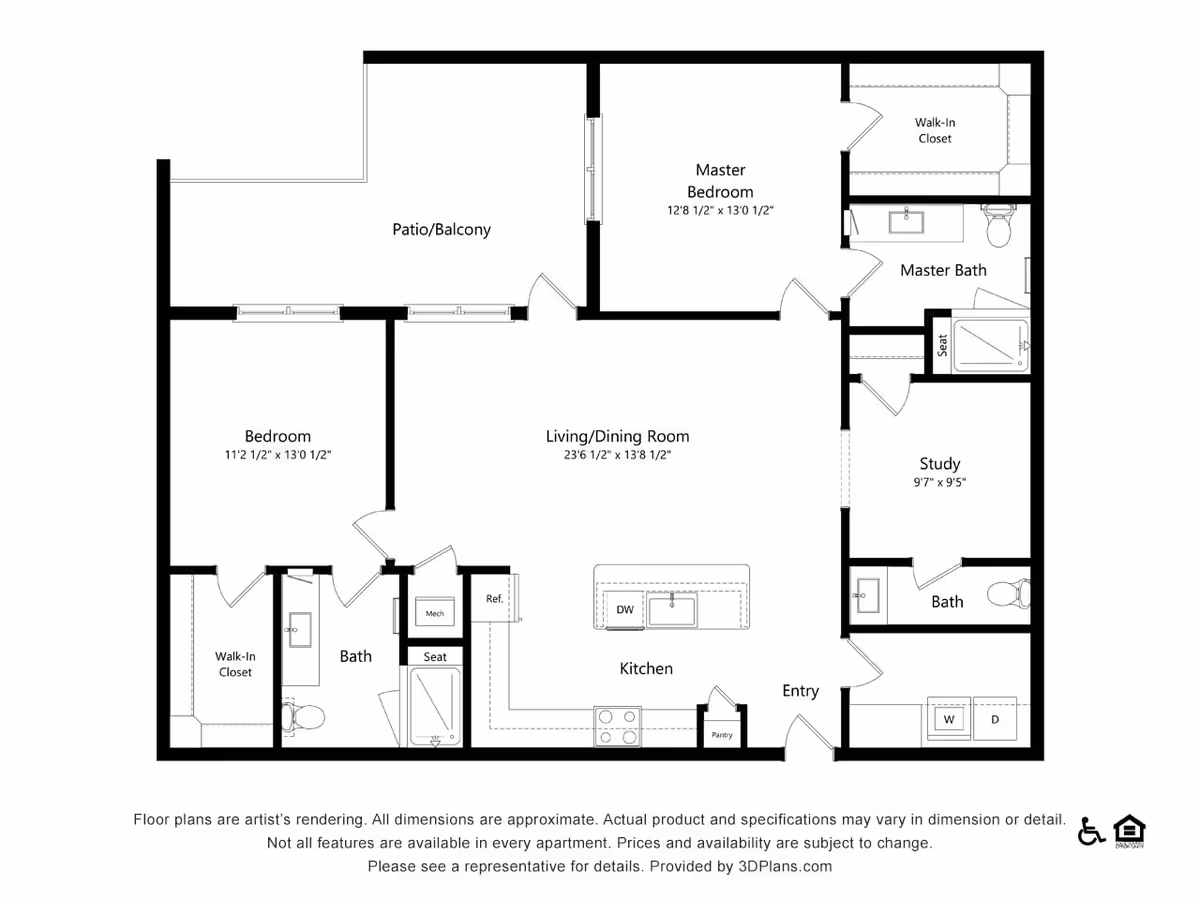 Floor plan of an apartment at Overture Chapel Hill showing a master bedroom with walk-in closet and master bath, a second bedroom with walk-in closet, a study, two bathrooms, a kitchen with pantry and dishwasher, a living/dining room area, a patio/balcony, and a laundry area with washer and dryer.