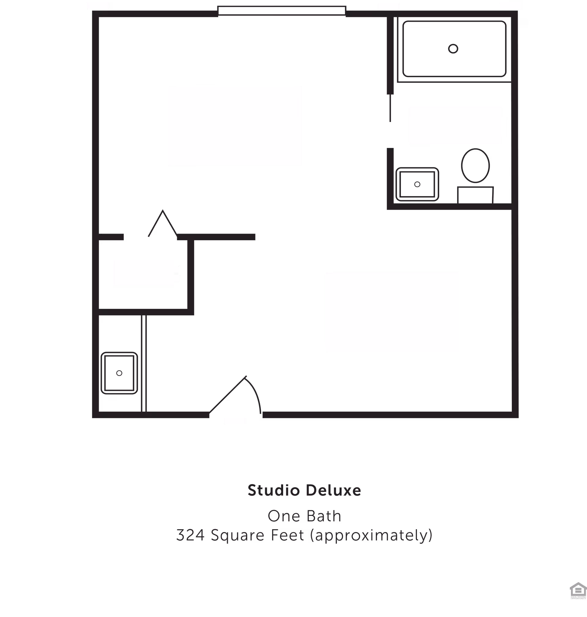Floor plan of a Studio Deluxe apartment with one bathroom, approximately 324 square feet. The layout includes a main living/sleeping area, a kitchen area, a bathroom with a sink, toilet, and bathtub, and a closet space near the entrance.