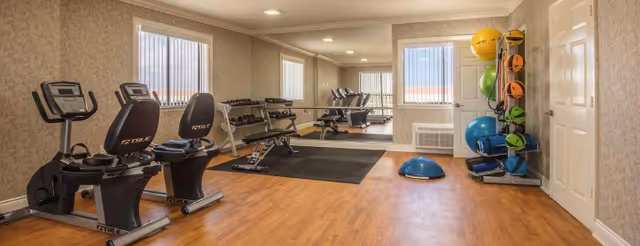 A fitness room with wooden flooring featuring two recumbent exercise bikes, a set of dumbbells on a rack, a large wall mirror, various exercise balls and mats, and a BOSU balance trainer. The room has beige patterned wallpaper and a window with vertical blinds.