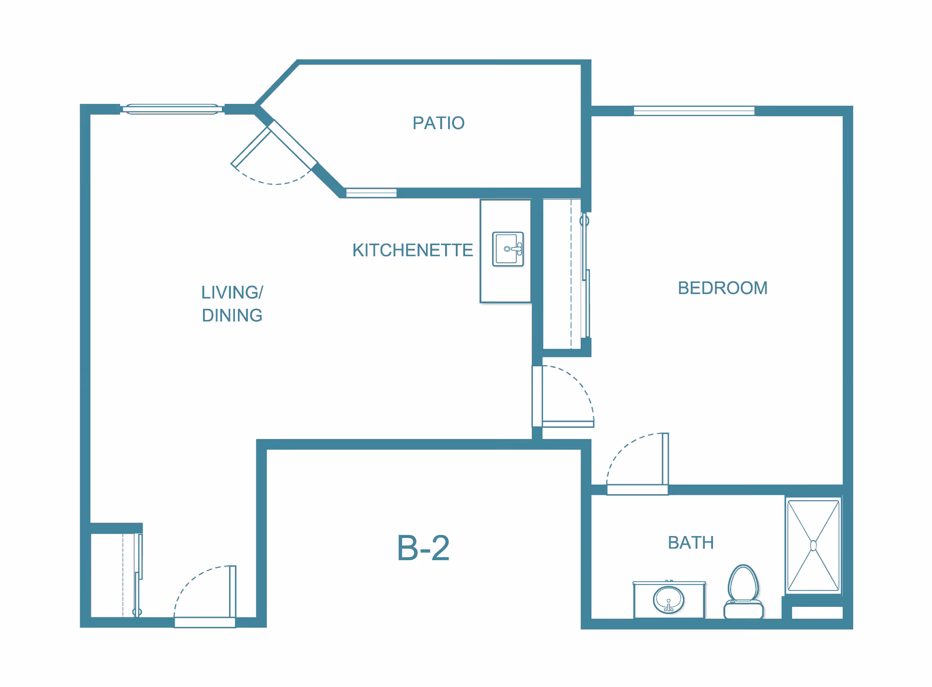 Floor plan of a senior living unit labeled B-2 showing a living/dining area, kitchenette, patio, bedroom, and bathroom with a shower, sink, and toilet.