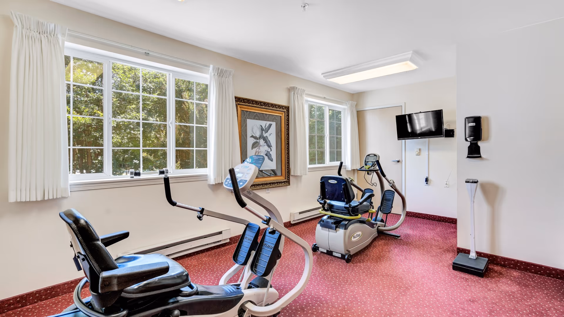 A small exercise room with two stationary recumbent exercise bikes on a red carpeted floor. The room has two large windows with white curtains letting in natural light, a framed floral artwork on the wall, a wall-mounted TV, a hand sanitizer dispenser, and a scale near the wall.