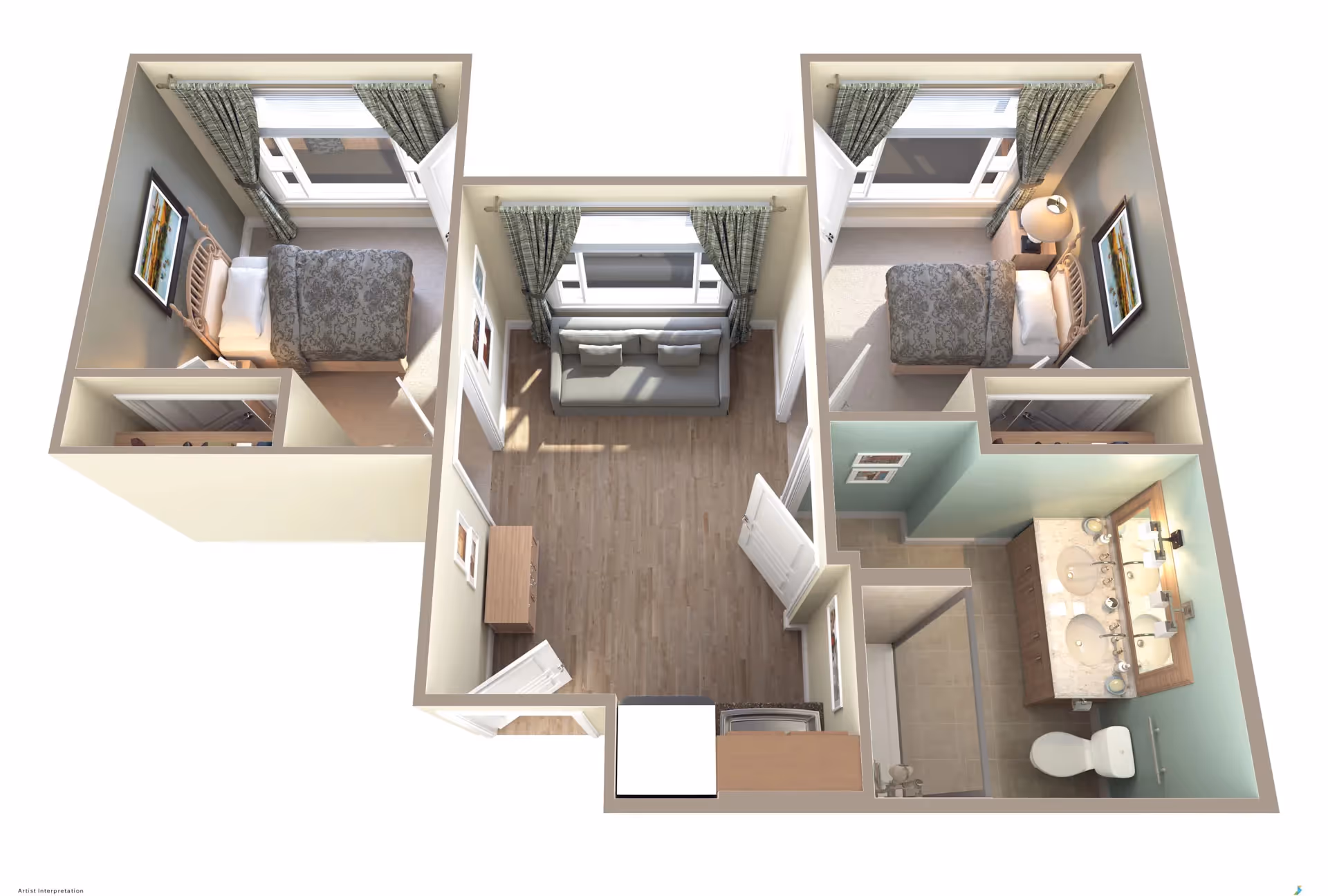 3D floor plan of an assisted living unit featuring two bedrooms each with a bed, window, and framed artwork. The central living area has a sofa and a small cabinet. The bathroom includes a double sink vanity, toilet, and shower. The layout shows doors connecting all rooms and windows with curtains.