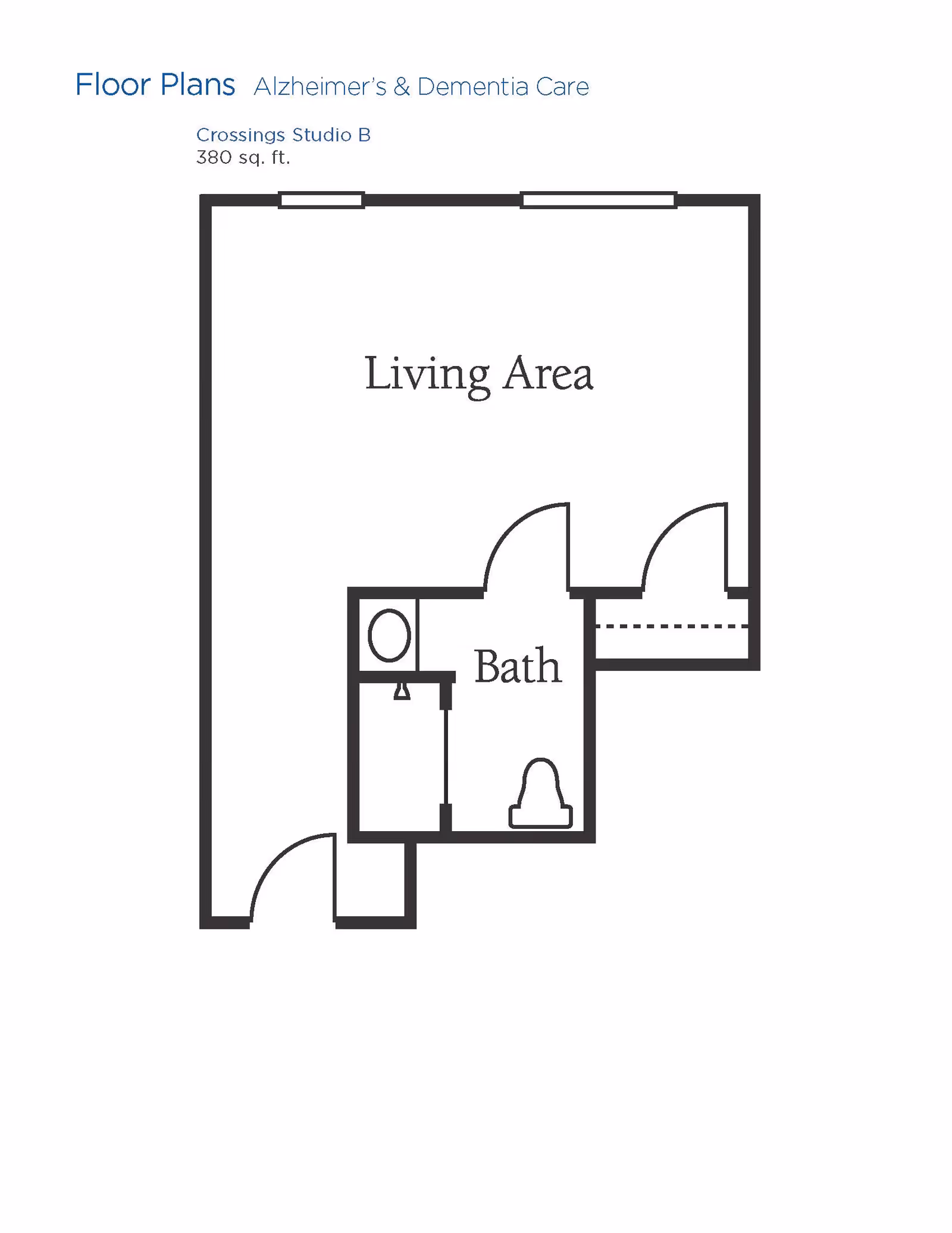 Floor plan layout for a studio apartment labeled Crossings Studio B, 380 square feet, designed for Alzheimer's and Dementia Care. The plan shows a living area and a bathroom with a toilet and sink.