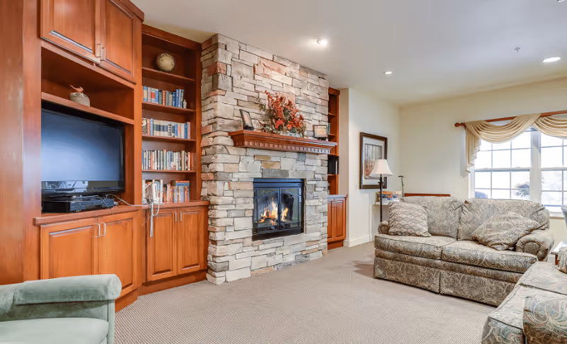 A cozy living room with a stone fireplace in the center, wooden built-in shelves filled with books and decorative items on either side, a flat-screen TV on the left shelf, a patterned sofa and armchair, a floor lamp, framed artwork on the wall, and a window with draped curtains letting in natural light.
