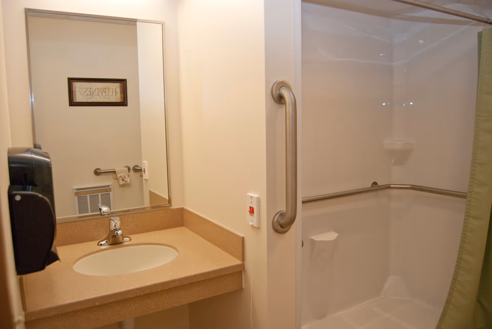 A bathroom with a beige countertop sink, a large mirror above the sink, a soap dispenser mounted on the wall, and a walk-in shower with grab bars and a green shower curtain.