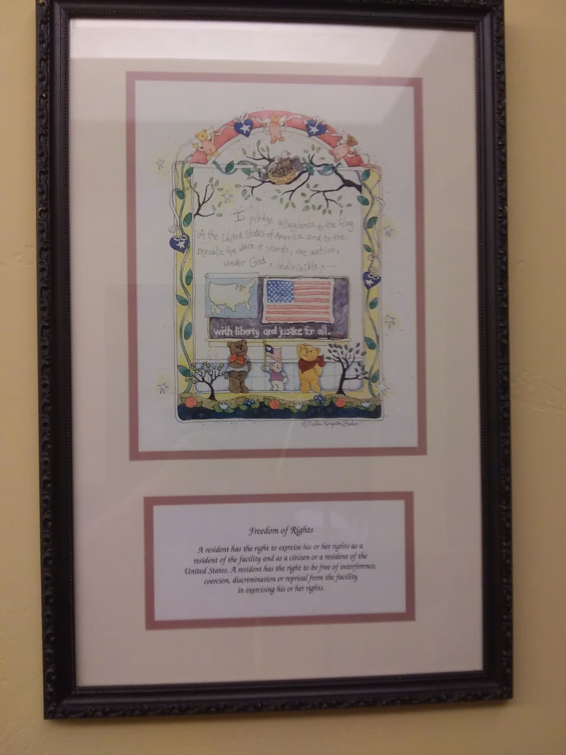 Framed artwork on a wall featuring a colorful illustration with the Pledge of Allegiance text, an American flag, and three cartoon bears at the bottom. Below the illustration is a printed text titled 'Freedom of Rights' describing residents' rights in a facility.