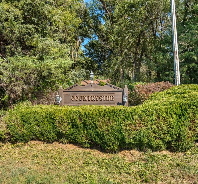 A wooden sign with the word 'COUNTRYSIDE' mounted on a post surrounded by green bushes and trees under a clear blue sky.