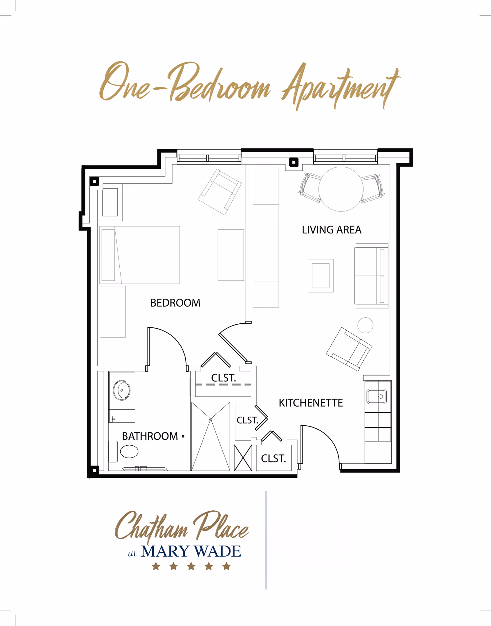 Floor plan of a one-bedroom apartment at Chatham Place at Mary Wade showing a bedroom, bathroom, kitchenette, living area, and multiple closets.