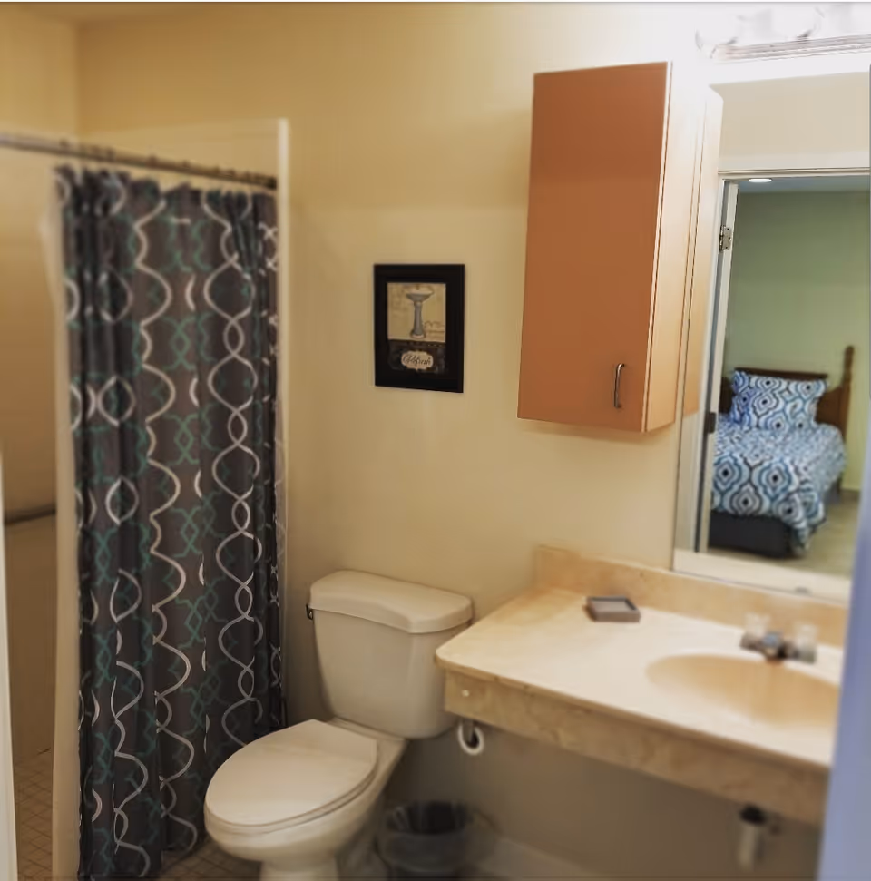 Bathroom with a toilet, a shower with a patterned curtain, a beige countertop with a sink, a wall-mounted cabinet, and a mirror reflecting a bedroom with a bed covered in a blue and white patterned bedspread.