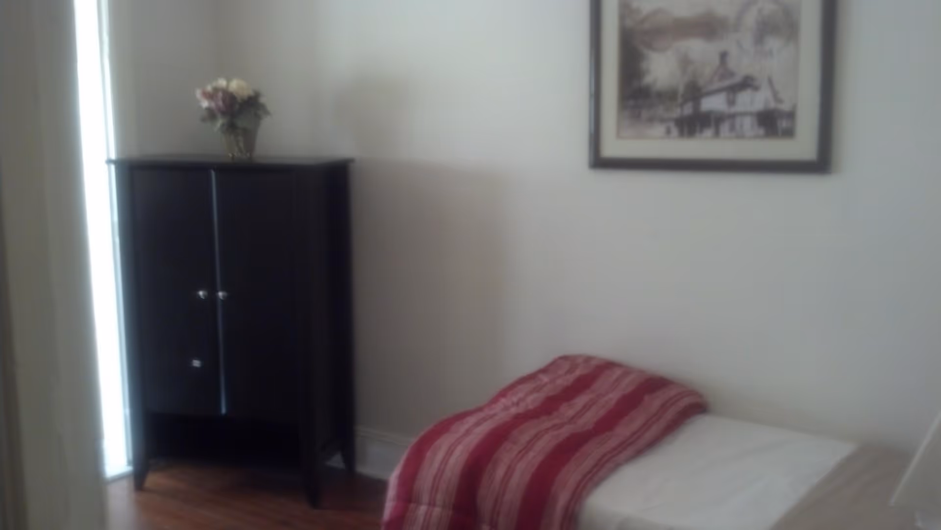 A small bedroom with a single bed covered with a red and pink striped blanket. Next to the bed is a dark wooden cabinet with a vase of flowers on top. A framed picture hangs on the white wall above the bed.