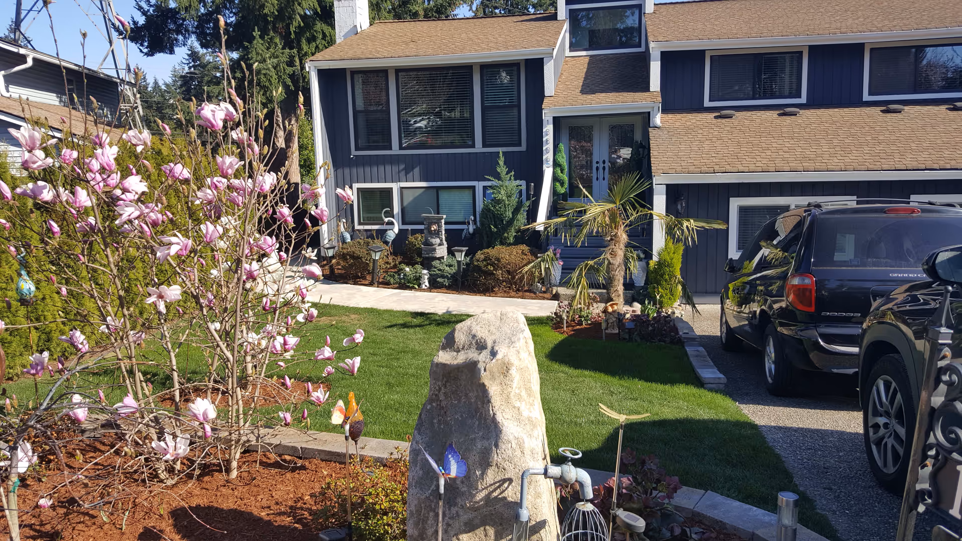Front yard and facade of a two-story house with a manicured lawn, flowering shrubs, a large decorative rock, and parked cars in the driveway.