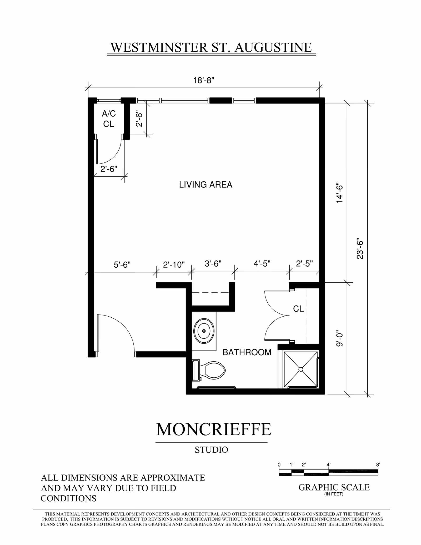 Architectural floor plan for a studio apartment named Moncrieffe at Westminster St. Augustine, showing a living area, bathroom with toilet and shower, closet spaces, and an A/C closet. Dimensions and a graphic scale in feet are included.