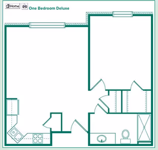 Floor plan layout of a one bedroom deluxe apartment featuring a kitchen with stove and sink, a living area, a bedroom with two closets, and a bathroom with a sink, toilet, and shower.