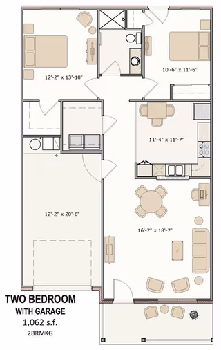 Floor plan of a two-bedroom apartment with a garage, showing dimensions for each room including living room, kitchen, dining area, two bedrooms, bathroom, and garage. The layout includes furniture placement and a small patio area.