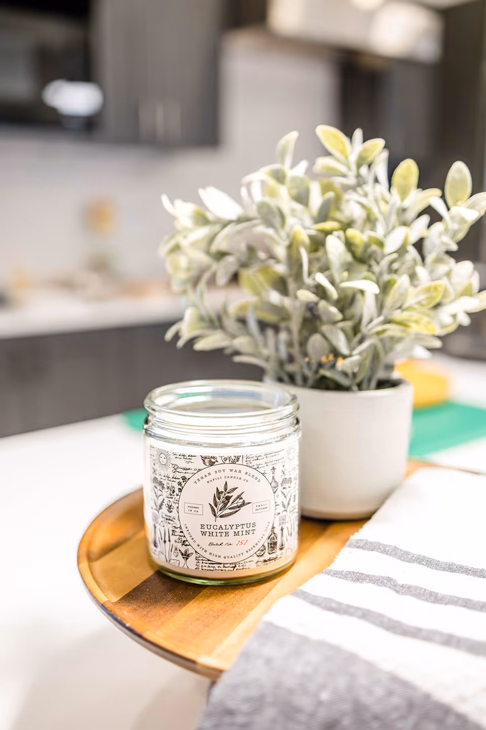 A close-up of a eucalyptus white mint scented candle in a glass jar placed on a wooden tray next to a small potted plant with green and white leaves, set on a white countertop in a kitchen with blurred cabinets in the background.