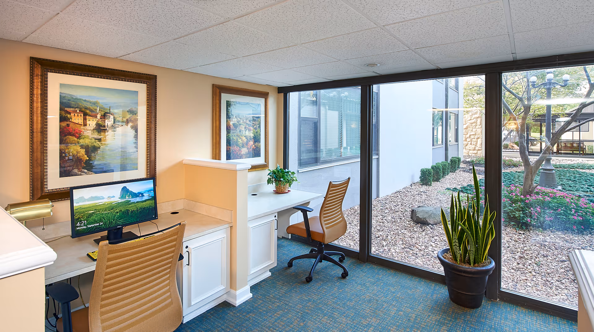 A bright office area with two desks and ergonomic chairs facing large windows overlooking a landscaped outdoor garden with rocks, plants, and a tree. The desks have framed artwork above them, a computer monitor, a small plant, and a desk lamp. The carpet is blue, and the walls are beige.
