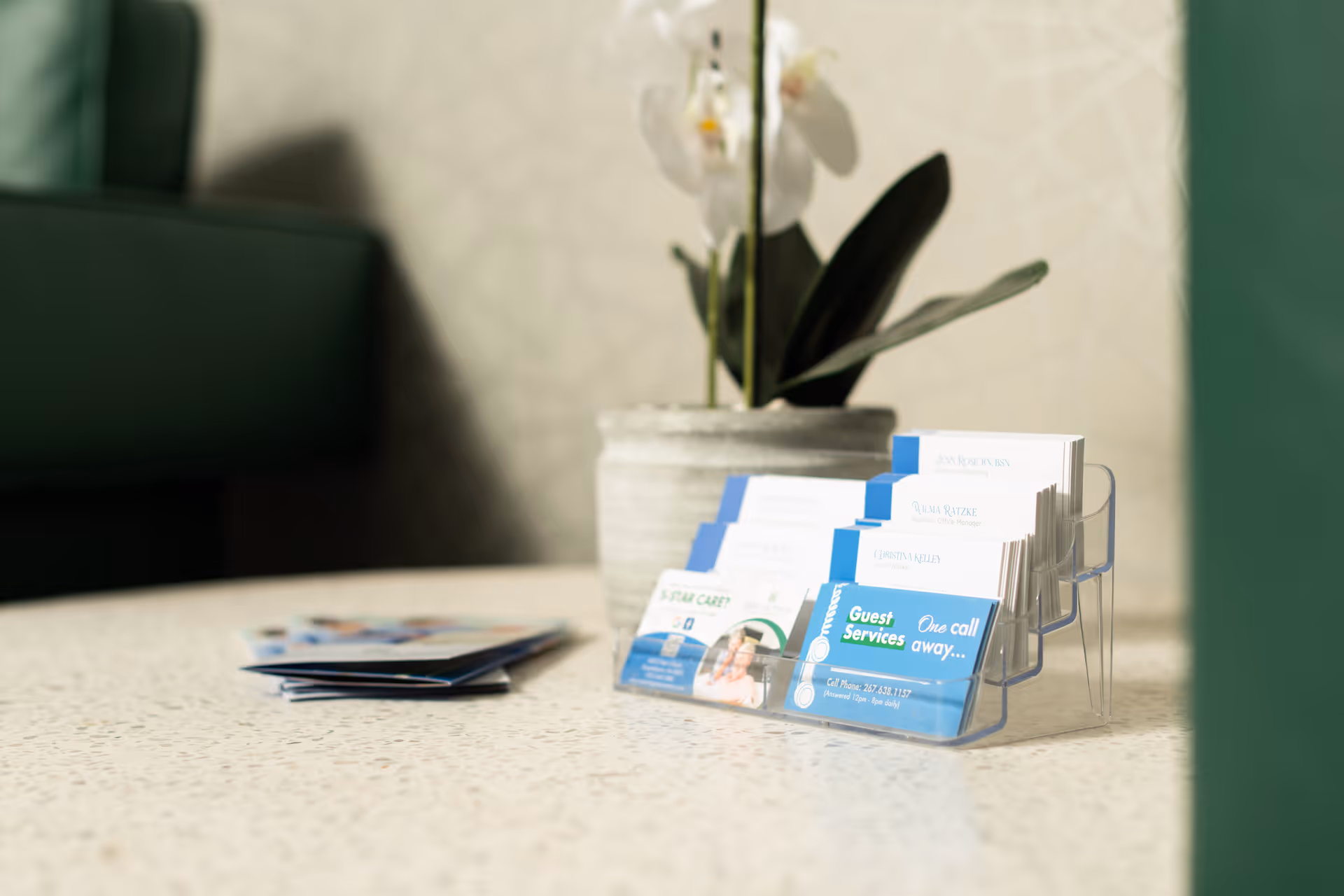 Close-up view of a countertop with a clear plastic holder containing business cards and brochures. A potted orchid plant is placed behind the holder, and a green upholstered chair is partially visible in the background.