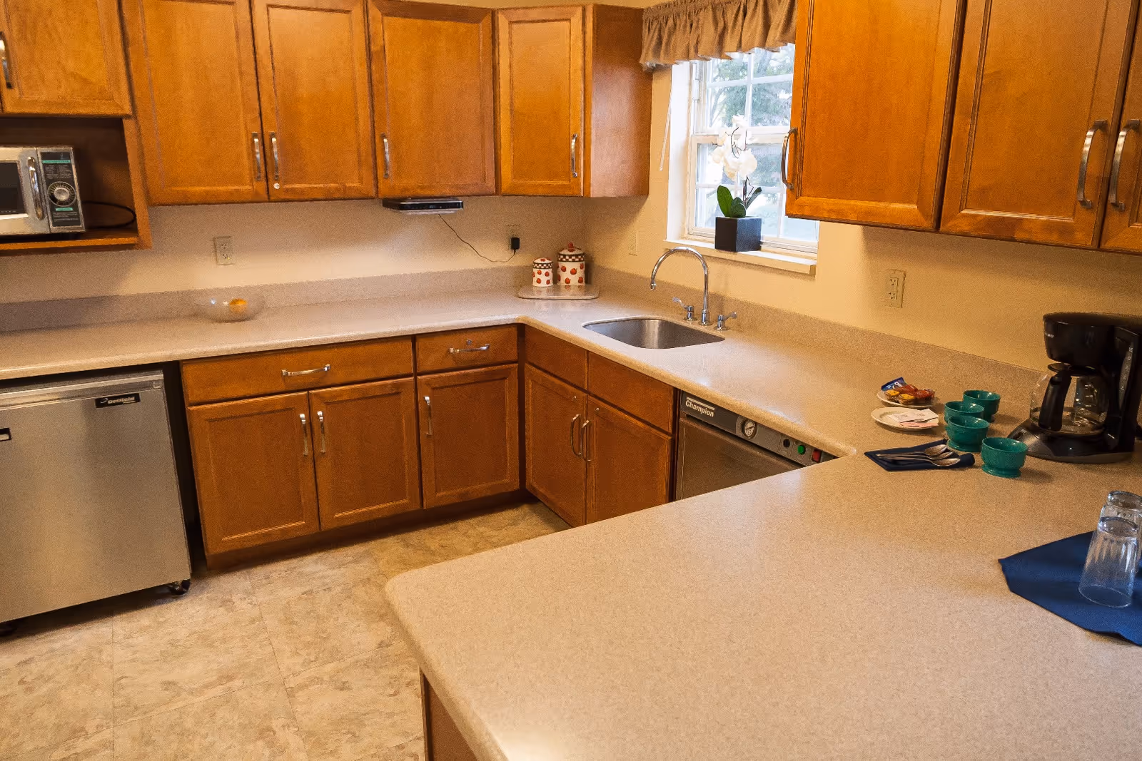 A kitchen area with wooden cabinets, a stainless steel mini fridge, microwave, dishwasher, and a sink under a window with a small potted plant. The countertop has a coffee maker, several teal cups, a plate with snacks, and some utensils on a blue napkin.