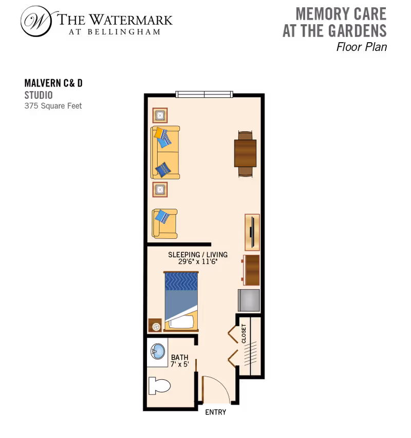 Floor plan of a studio apartment at Memory Care at The Gardens, showing a combined sleeping and living area measuring 29 feet 6 inches by 11 feet 6 inches, a bathroom measuring 7 feet by 5 feet, a closet, and furniture including a bed, sofa, armchair, dining table with chairs, TV, and nightstands.