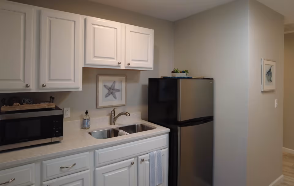 A small kitchen area with white cabinets, a double stainless steel sink, a silver microwave on the counter, and a stainless steel refrigerator. There is a framed starfish picture on the wall above the sink and a small plant on top of the refrigerator. The walls are painted light beige.