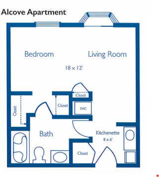 Floor plan of an alcove apartment at Pennsylvania Place showing a bedroom, living room, bath, kitchenette, and multiple closets.