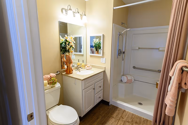 A clean and well-lit bathroom with a white toilet, a vanity with a sink and countertop, a large mirror above the sink, and a shower area with a curtain. The bathroom features beige walls, wooden flooring, and decorative items including a vase with flowers on the vanity and neatly folded towels.