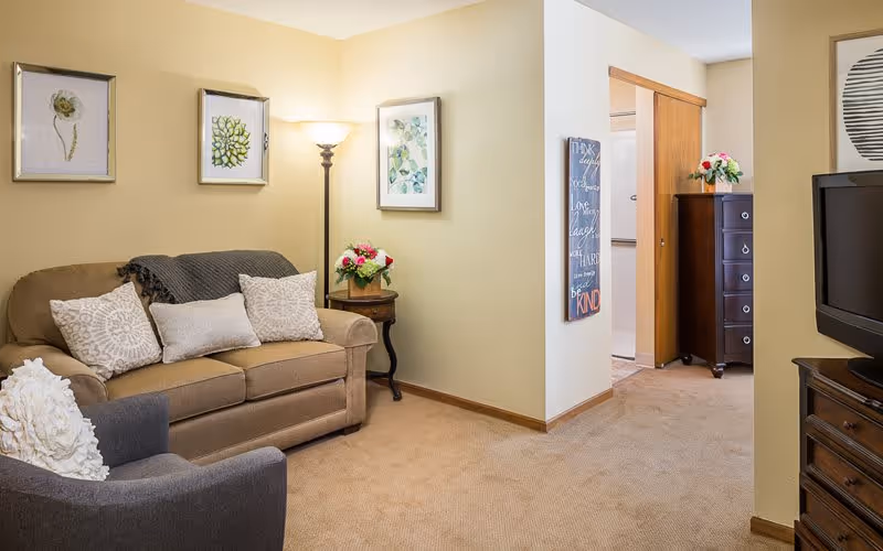 A cozy living room with a beige sofa adorned with patterned cushions and a gray throw blanket, a gray armchair with a white decorative pillow, a wooden side table with a flower arrangement, a floor lamp, and framed botanical artwork on the walls. The room has beige carpet and walls, with a hallway leading to another area where a dark wooden dresser and a TV on a wooden stand are visible.
