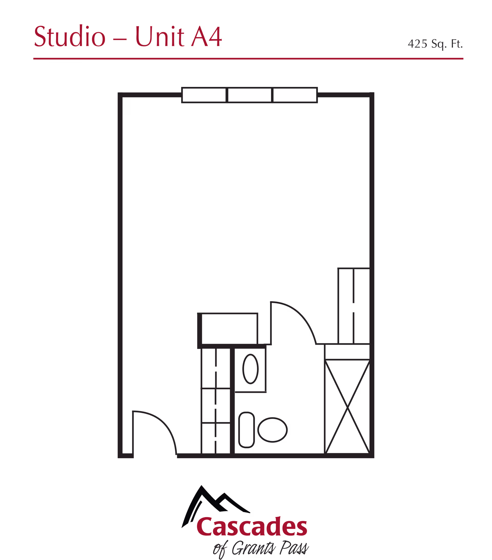 Floor plan layout of Studio Unit A4 at Cascades of Grants Pass, showing a 425 square feet space with a main living area, a bathroom with toilet and sink, and closet/storage spaces.