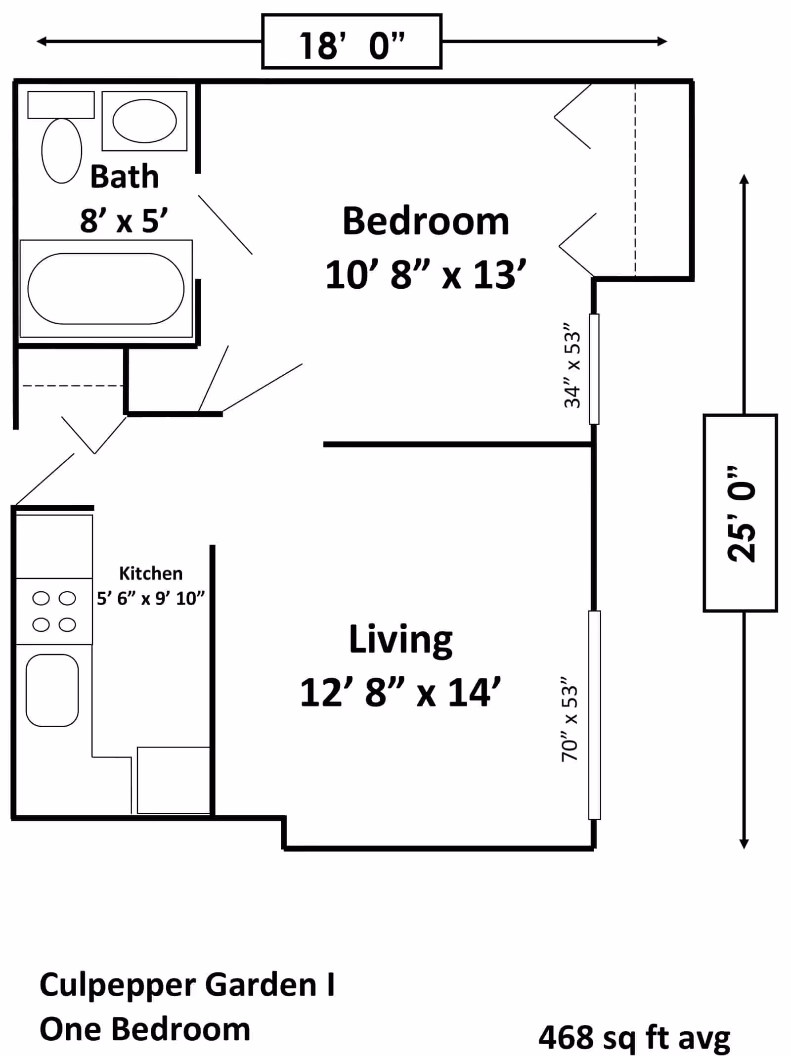 Black-and-white floor plan of a one-bedroom apartment showing living room, bedroom, kitchen and bath with dimensions.