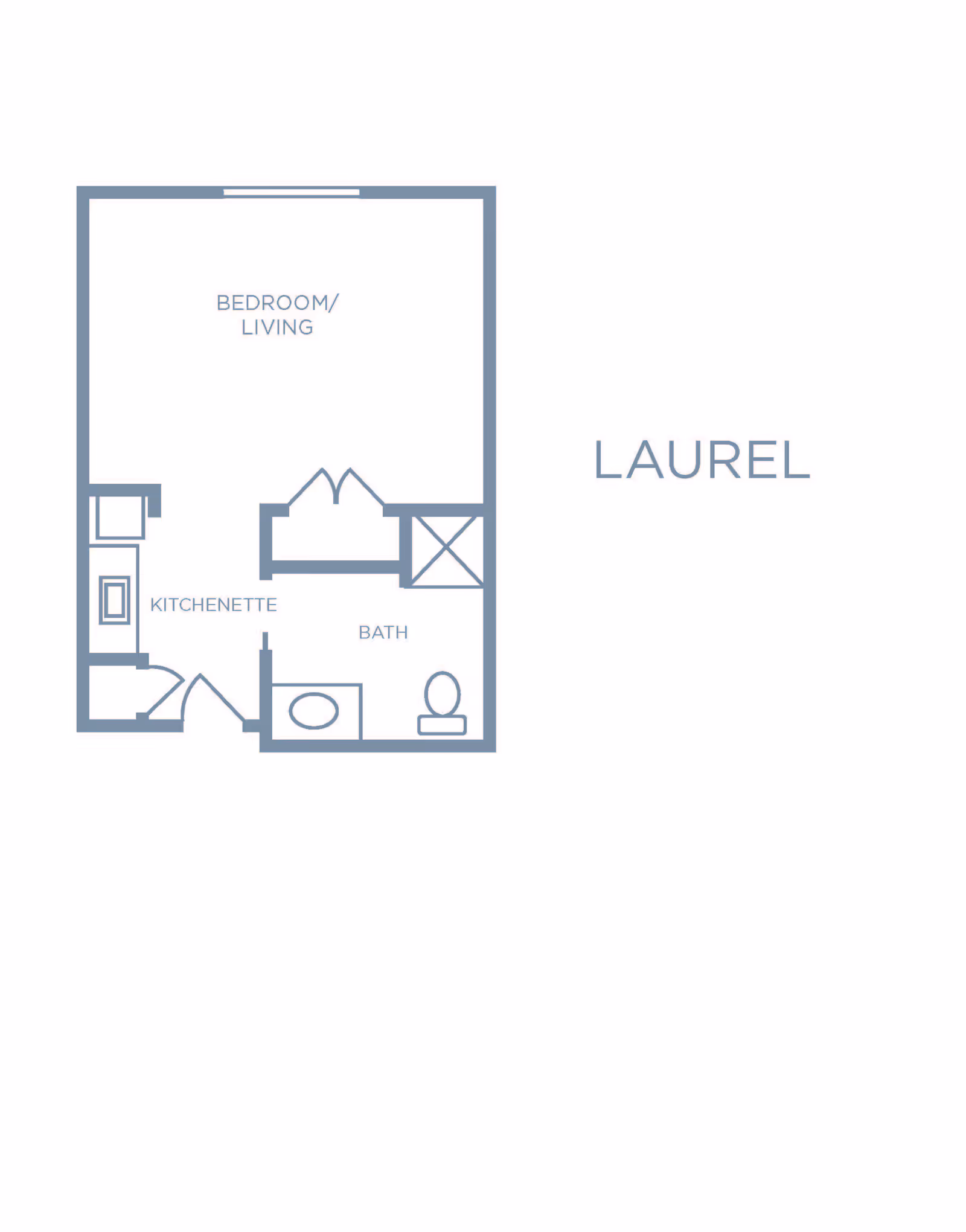Simple floor plan labeled "Laurel" showing a bedroom/living area, kitchenette, bathroom, and closet.