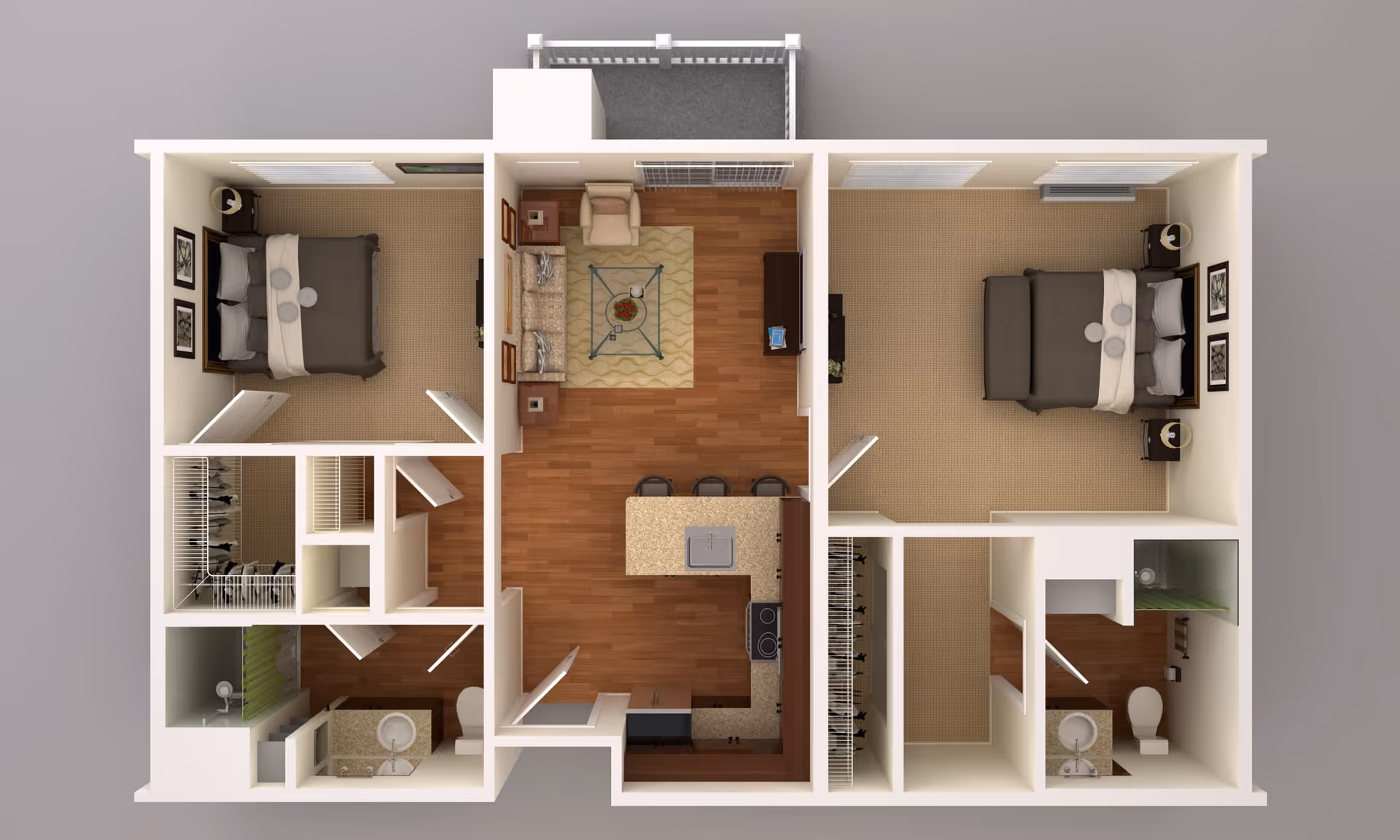 Top-down view of a two-bedroom apartment floor plan featuring a central living room with a sofa, armchair, and coffee table, an open kitchen with a counter and three stools, two bedrooms each with a bed and nightstands, two bathrooms with sinks, toilets, and showers, and closets adjacent to each bedroom.