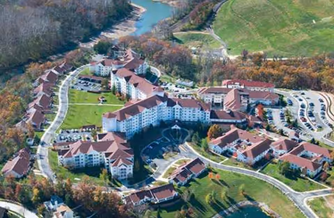 Aerial view of Lutheran Senior Services at Meramec Bluffs campus with red-roofed buildings.