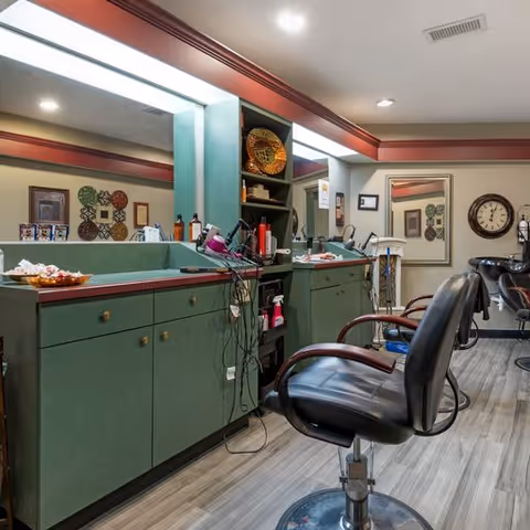 Interior view of a salon area with green cabinetry, a large mirror, salon chairs, hair styling tools, and decorative wall art in the background.