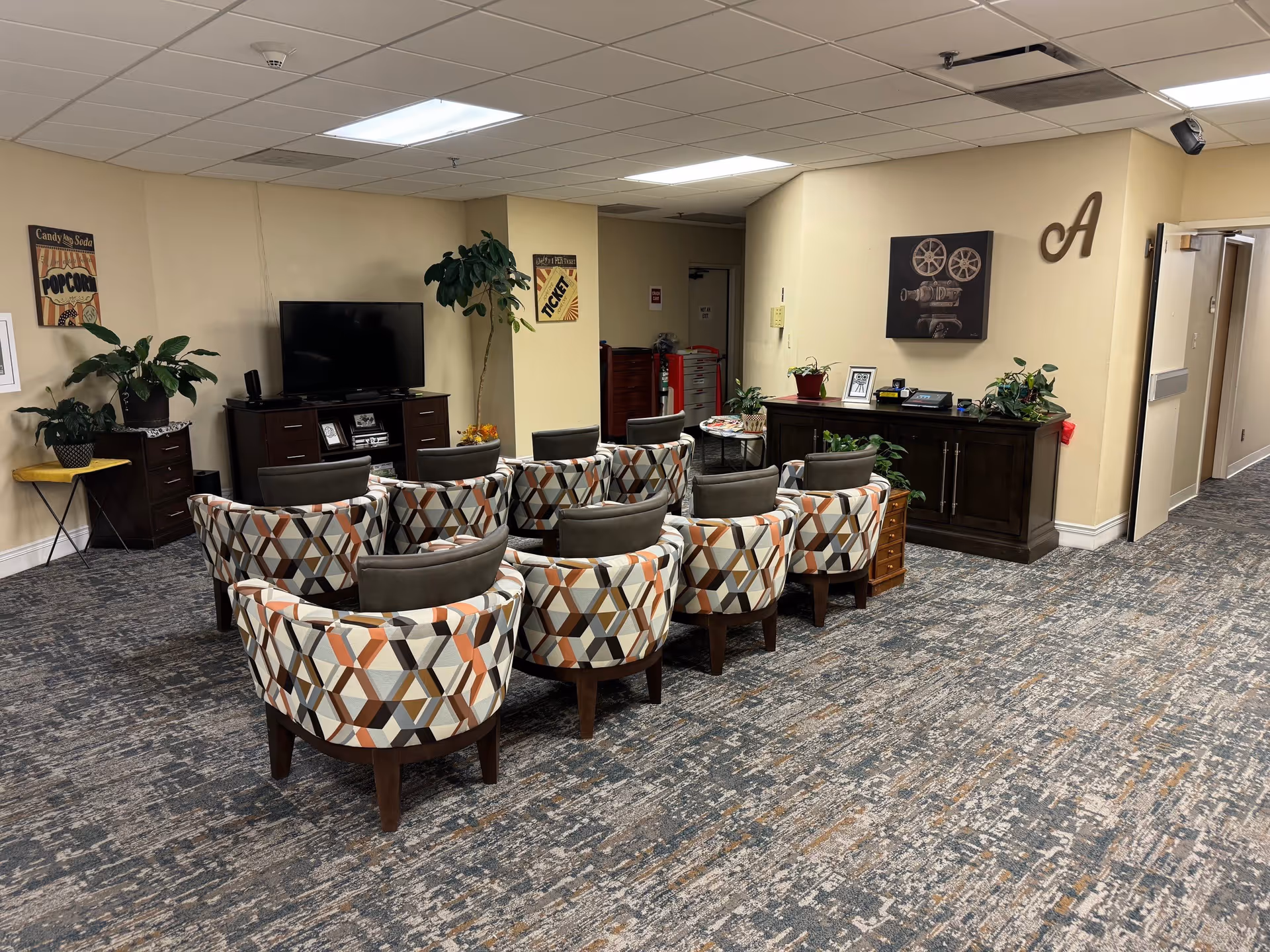 A cozy common area with two rows of patterned armchairs facing a flat-screen TV on a dark wooden stand. The room has beige walls decorated with vintage-style movie posters and a picture of a film projector. Several potted plants are placed on furniture and the floor, and the carpet has a textured pattern. There is a dark wooden cabinet with more plants and framed photos, and an open doorway leads to a hallway.