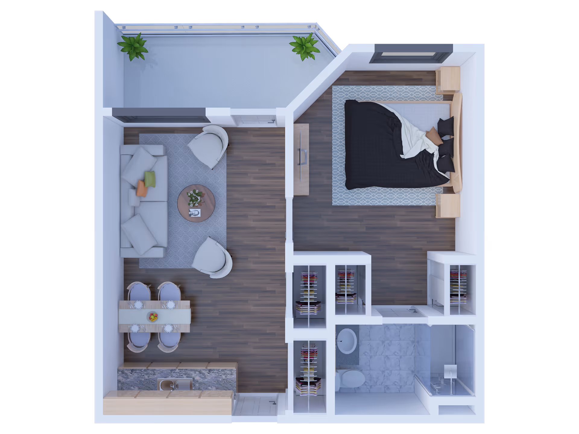 Top-down view of a one-bedroom apartment floor plan showing a bedroom with a bed and nightstands, a bathroom with a toilet and shower, a living room with a sofa, two chairs, and a coffee table, a dining area with a table and four chairs, a kitchen with a sink and countertop, and a balcony with two potted plants.