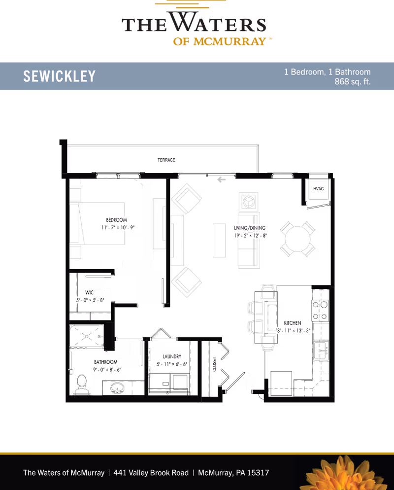 Black-and-white floor plan for a one-bedroom, one-bathroom apartment labeled "Sewickley" at The Waters of McMurray.