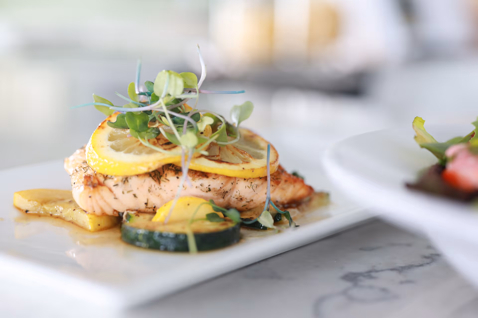 Close-up of a plated dish featuring a cooked salmon fillet topped with lemon slices and microgreens, accompanied by grilled zucchini and yellow squash on a white rectangular plate.