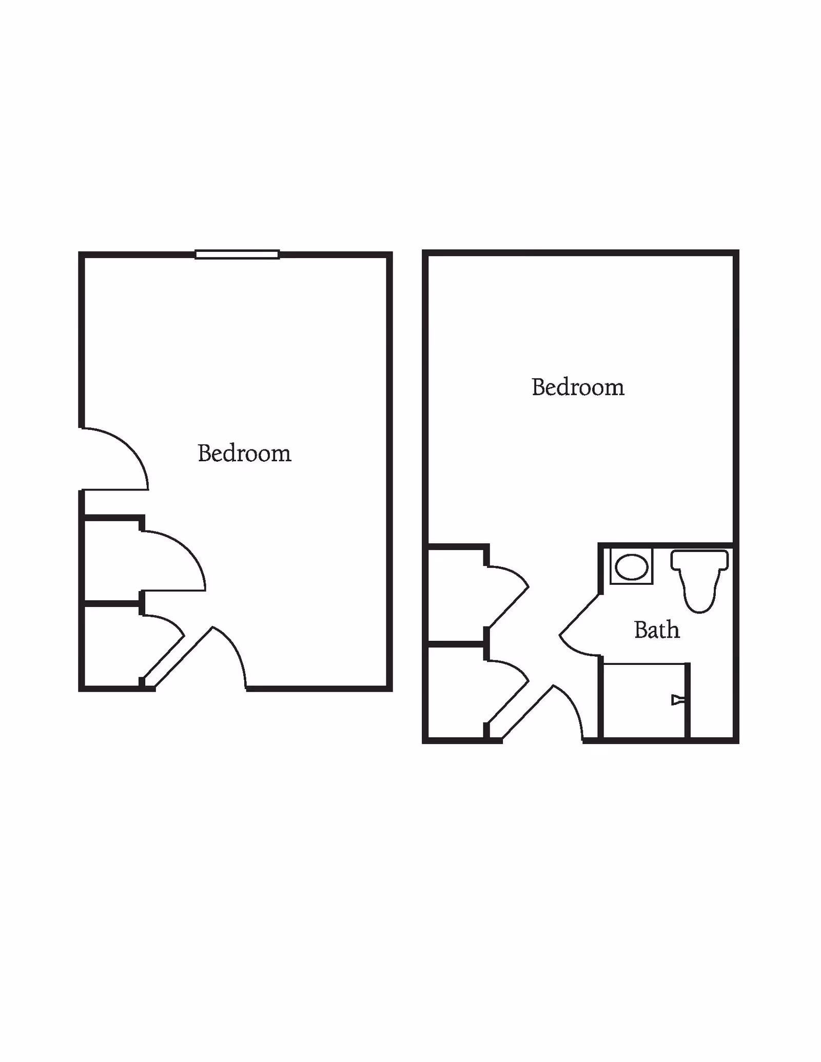 A simple black and white architectural floor plan showing two layouts. Each layout includes a bedroom; the right layout also includes a bathroom with a toilet and sink.
